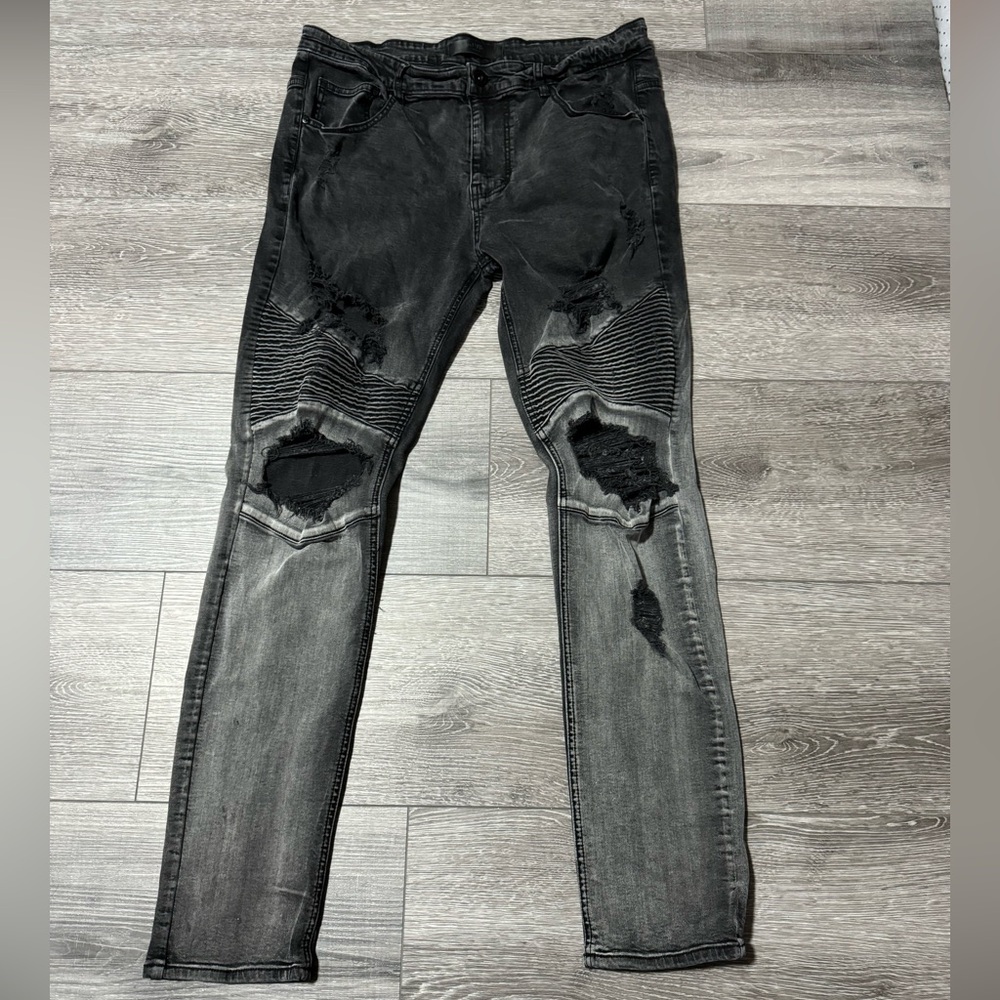 mens black fade grey gray denim skinny tapered jeans 38 slim straight fn